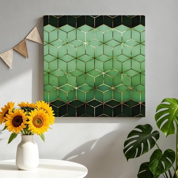 Abstract Stereo Cube Canvas Wall Art, Modern Gradient Black Green Comb Grid Cubes Framed Canvas Wall Decor Picture Print Artwork Decorations for Living Room Office Ready to Hang 8" x 8"