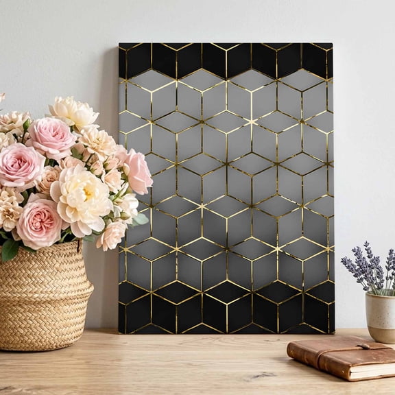 Abstract Stereo Cube Canvas Wall Art, Modern Gradient Black Grey Comb Grid Cubes Framed Canvas Wall Decor Picture Print Artwork Decorations for Living Room Office Ready to Hang 12" x 8"