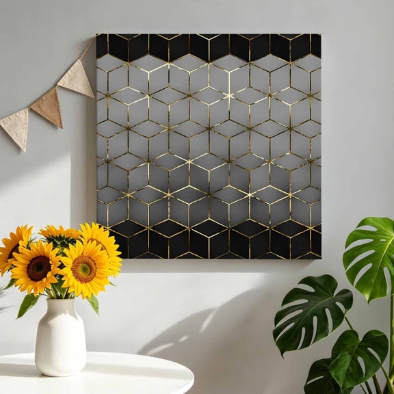 Abstract Stereo Cube Canvas Wall Art, Modern Gradient Black Grey Comb Grid Cubes Framed Canvas Wall Decor Picture Print Artwork Decorations for Living Room Office Ready to Hang 8" x 8"