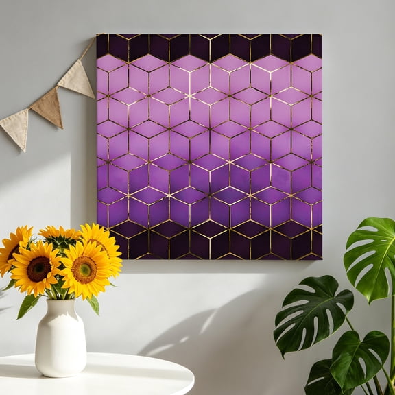 Abstract Stereo Cube Canvas Wall Art, Modern Gradient Black Purple Comb Grid Cubes Framed Canvas Wall Decor Picture Print Artwork Decorations for Living Room Office Ready to Hang 8" x 8"