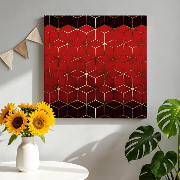 Abstract Stereo Cube Canvas Wall Art, Modern Gradient Black Red Comb Grid Cubes Framed Canvas Wall Decor Picture Print Artwork Decorations for Living Room Office Ready to Hang 8" x 8"
