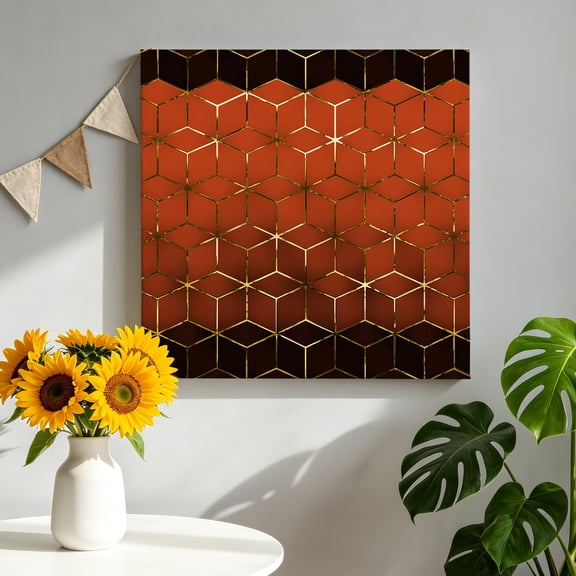 Abstract Stereo Cube Canvas Wall Art, Modern Gradient Orange Gold Comb Grid Cubes Framed Canvas Wall Decor Picture Print Artwork Decorations for Living Room Office Ready to Hang 8" x 8"