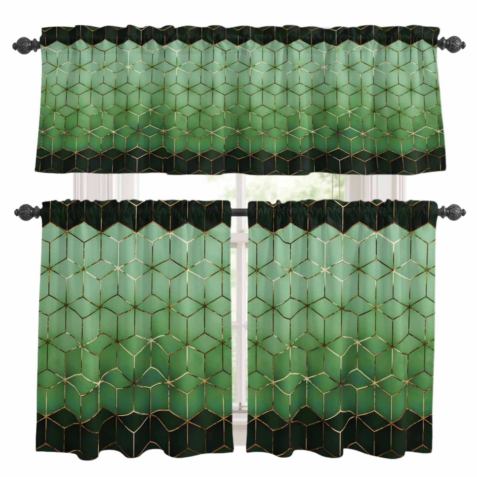 Abstract Stereo Cube Curtain Valances Set Modern Gradient Black Green ...