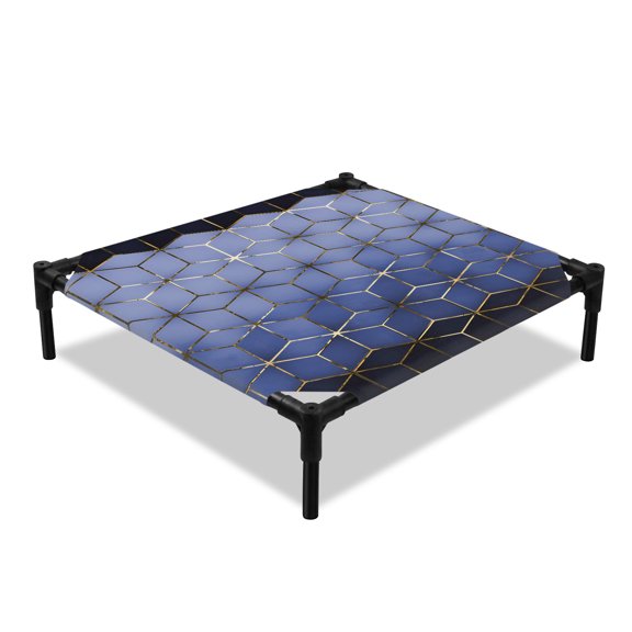 Abstract Stereo Cube Elevated Dog Bed, Modern Gradient Black Blue Comb Grid Cubes Cooling Breathable Outdoor Raised Dog Cot Bed with Metal Frame Non-Slip Feet for Small Dog 20x20in