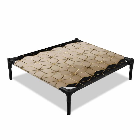 Abstract Stereo Cube Elevated Dog Bed, Modern Gradient Black Khaki Comb Grid Cubes Cooling Breathable Outdoor Raised Dog Cot Bed with Metal Frame Non-Slip Feet for Small Dog 20x20in