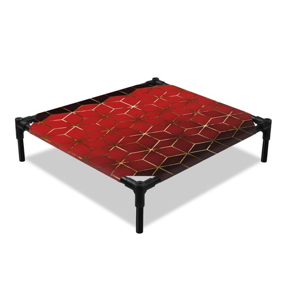 Abstract Stereo Cube Elevated Dog Bed, Modern Gradient Black Red Comb Grid Cubes Cooling Breathable Outdoor Raised Dog Cot Bed with Metal Frame Non-Slip Feet for Small Dog 20x20in