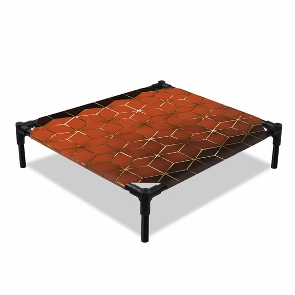 Abstract Stereo Cube Elevated Dog Bed, Modern Gradient Orange Gold Comb Grid Cubes Cooling Breathable Outdoor Raised Dog Cot Bed with Metal Frame Non-Slip Feet for Small Dog 20x20in