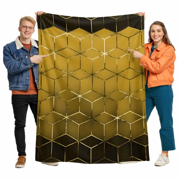 Abstract Stereo Cube Flannel Blanket for Bed,Travel and Camping, Modern Gradient Black Gold Comb Grid Cubes Super Soft Cozy Blanket for All Seasons 60"x80"