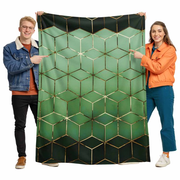 Abstract Stereo Cube Flannel Blanket for Bed,Travel and Camping, Modern Gradient Black Green Comb Grid Cubes Super Soft Cozy Blanket for All Seasons 30"x40"