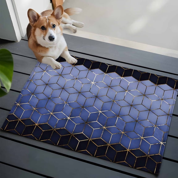 Abstract Stereo Cube Front Door Rugs 2x3 ft Modern Gradient Black Blue Comb Grid Cubes Small Rug for Entryway Non Slip Washable Bathroom Door Mat Absorbent Floor Mat for Indoor Entrance