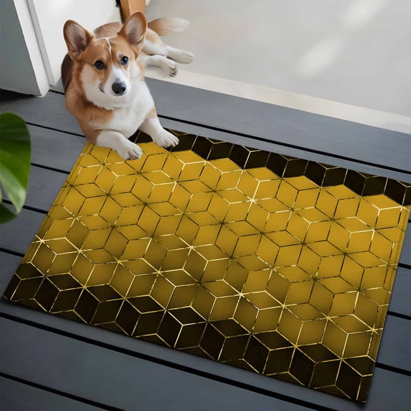 Abstract Stereo Cube Front Door Rugs 2x3 ft Modern Gradient Black Gold Comb Grid Cubes Small Rug for Entryway Non Slip Washable Bathroom Door Mat Absorbent Floor Mat for Indoor Entrance