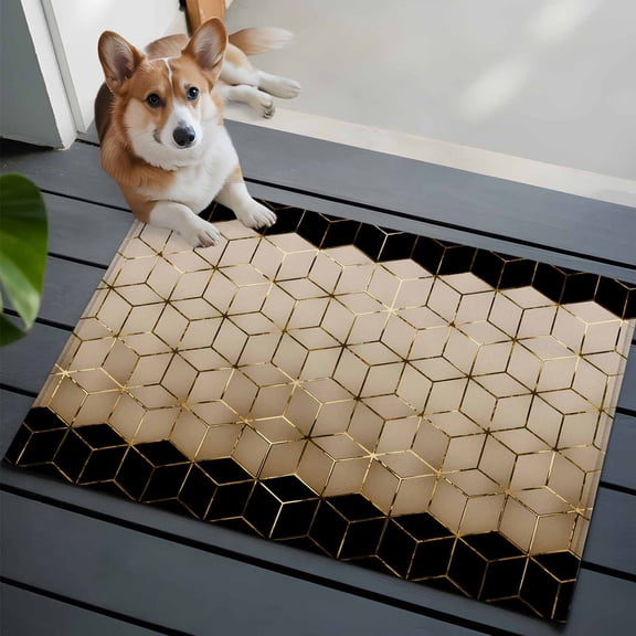 Abstract Stereo Cube Front Door Rugs 2x3 ft Modern Gradient Black Khaki Comb Grid Cubes Small Rug for Entryway Non Slip Washable Bathroom Door Mat Absorbent Floor Mat for Indoor Entrance