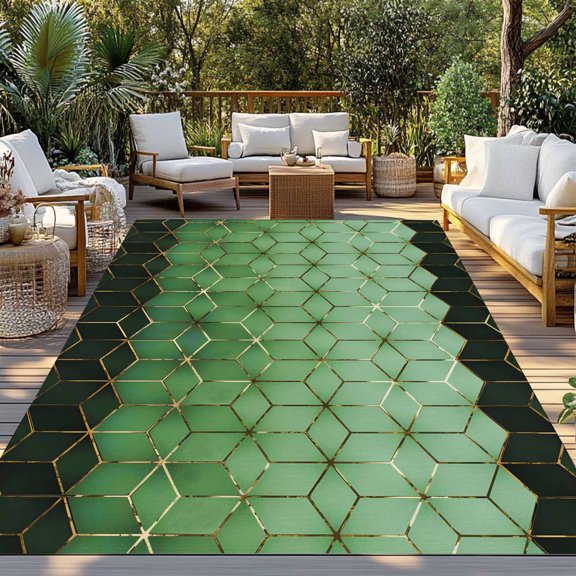 Abstract Stereo Cube Indoor Outdoor Rugs 3x5 Ft, Modern Gradient Black Green Comb Grid Cubes Outdoor Patio Rugs Mat Washable Outside Area Rugs Carpet for Porch Deck RV Camping Pool Balcony Backyard
