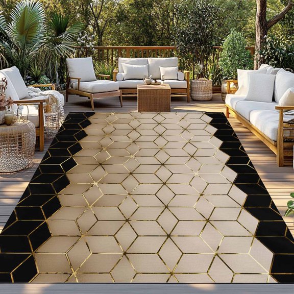 Abstract Stereo Cube Indoor Outdoor Rugs 3x5 Ft, Modern Gradient Black Khaki Comb Grid Cubes Outdoor Patio Rugs Mat Washable Outside Area Rugs Carpet for Porch Deck RV Camping Pool Balcony Backyard