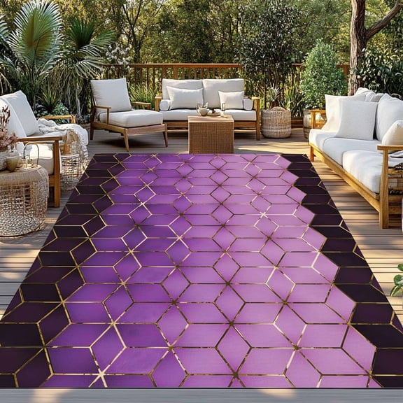 Abstract Stereo Cube Indoor Outdoor Rugs 3x5 Ft, Modern Gradient Black Purple Comb Grid Cubes Outdoor Patio Rugs Mat Washable Outside Area Rugs Carpet for Porch Deck RV Camping Pool Balcony Backyard