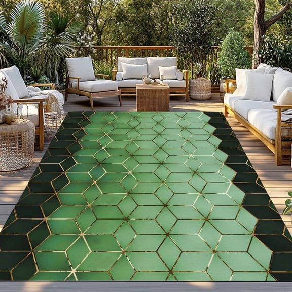 Abstract Stereo Cube Indoor Outdoor Rugs 5x7 Ft, Modern Gradient Black Green Comb Grid Cubes Outdoor Patio Rugs Mat Washable Outside Area Rugs Carpet for Porch Deck RV Camping Pool Balcony Backyard
