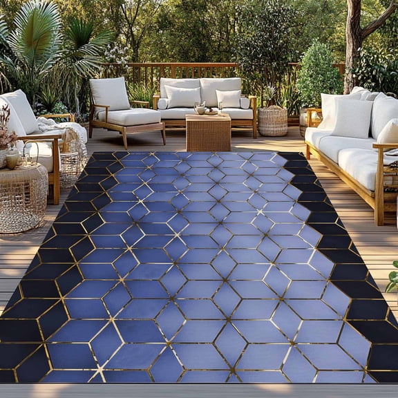 Abstract Stereo Cube Indoor Outdoor Rugs 5x8 Ft, Modern Gradient Black Blue Comb Grid Cubes Outdoor Patio Rugs Mat Washable Outside Area Rugs Carpet for Porch Deck RV Camping Pool Balcony Backyard