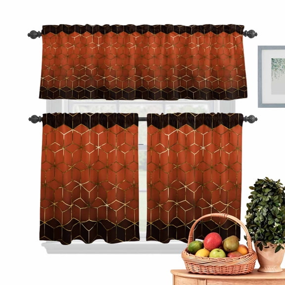 Abstract Stereo Cube Kitchen Curtains Valances 3 Piece Set, Modern Gradient Orange Gold Comb Grid Cubes Rod Pocket Tier Curtain and Valance Drapes for Small Window 24 Inch Length for Bedroom Cafe