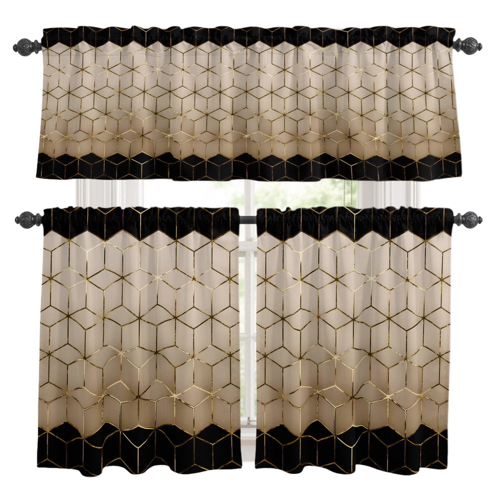 Abstract Stereo Cube Kitchen Curtains and Valances Set, Modern Gradient ...
