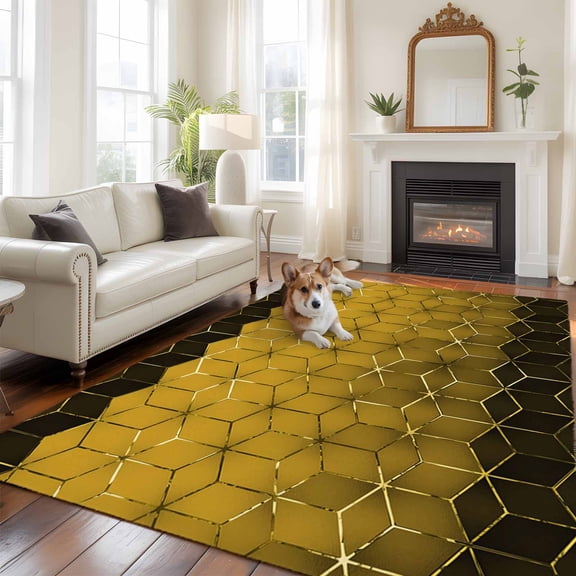 Abstract Stereo Cube Large Area Rugs 5x8 ft Modern Gradient Black Gold Comb Grid Cubes Washable Rug Non Slip Indoor Carpet Absorbent Floor Mat for Living Room Bedroom Dining Room