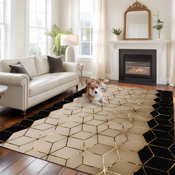 Abstract Stereo Cube Large Area Rugs 5x8 ft Modern Gradient Black Khaki Comb Grid Cubes Washable Rug Non Slip Indoor Carpet Absorbent Floor Mat for Living Room Bedroom Dining Room