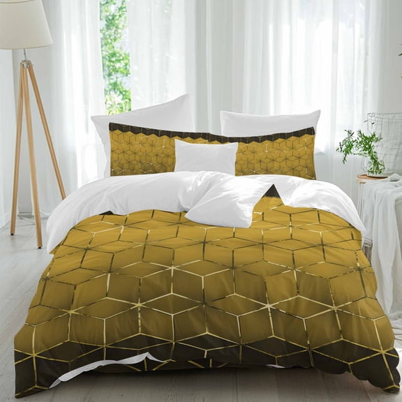 Abstract Stereo Cube Queen Size Comforter Set, Modern Gradient Black Gold Comb Grid Cubes Bedding for All Seasons, 4 Pcs Bed Set, 1Quiltcover (90"x92") ,1Sheet(94"x116"), 2Pillowcases (30"x20")