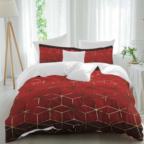 Abstract Stereo Cube Queen Size Comforter Set, Modern Gradient Black Red Comb Grid Cubes Bedding for All Seasons, 4 Pcs Bed Set, 1Quiltcover (90"x92") ,1Sheet(94"x116"), 2Pillowcases (30"x20")