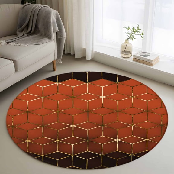 Abstract Stereo Cube Round Area Rugs 3 ft, Modern Gradient Orange Gold Comb Grid Cubes Washable Small Area Rug with Non-Slip Sturdy Edge Binding Round Front Door Mat Floor Carpet for Entryway
