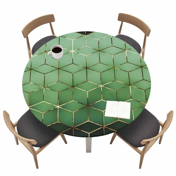 Abstract Stereo Cube Round Fitted Tablecloth with Elastic Edge Modern Gradient Black Green Comb Grid Cubes Table Cover Fit for 45"-54" Tables Waterproof Tablecloths for Dinner Camping Picnic