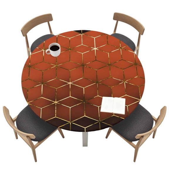 Abstract Stereo Cube Round Fitted Tablecloth with Elastic Edge Modern Gradient Orange Gold Comb Grid Cubes Table Cover Fit for 45"-54" Tables Waterproof Tablecloths for Dinner Camping Picnic