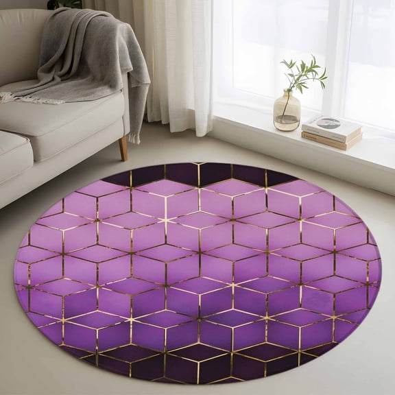 Abstract Stereo Cube Round Living Room Rugs 3.3 ft, Modern Gradient Black Purple Comb Grid Cubes Washable Area Rug with Non-Slip Sturdy Edge Binding Round Front Door Mat Floor Carpet for Entryway