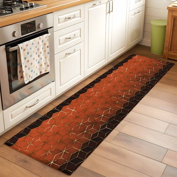 Abstract Stereo Cube Runner Rugs 2x6 ft Modern Gradient Orange Gold Comb Grid Cubes Washable Hallway Rugs Non-Slip Floor Mats Absorbent Carpet Bedside Runners for Bedroom Kitchen Laundry Room