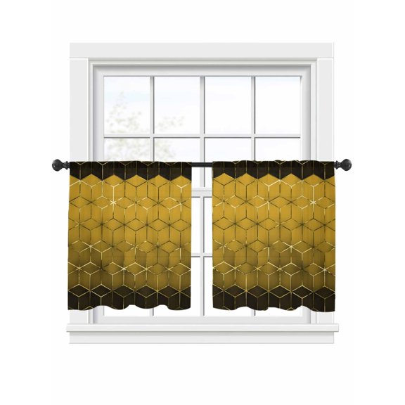 Abstract Stereo Cube Sheer Curtains 2 Panels Set Modern Gradient Black Gold Comb Grid Cubes Sheer Window Curtains Light Filtering Rod Pocket Voile Drapes for Bedroom Living Room 52"x54"