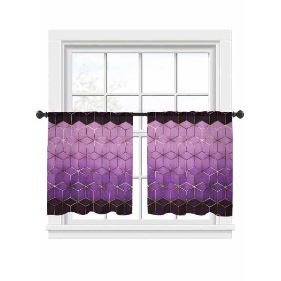Abstract Stereo Cube Sheer Curtains 2 Panels Set Modern Gradient Black Purple Comb Grid Cubes Sheer Window Curtains Light Filtering Rod Pocket Voile Drapes for Bedroom Living Room 52"x54"