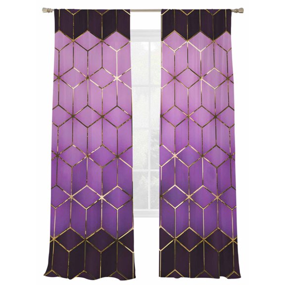 Abstract Stereo Cube Sheer Curtains 2 Panels Set Modern Gradient Black Purple Comb Grid Cubes Sheer Window Curtains Light Filtering Rod Pocket Voile Drapes for Bedroom Living Room 52"X84"