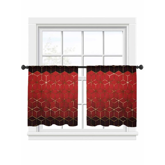 Abstract Stereo Cube Sheer Curtains 2 Panels Set Modern Gradient Black Red Comb Grid Cubes Sheer Window Curtains Light Filtering Rod Pocket Voile Drapes for Bedroom Living Room 52"x54"