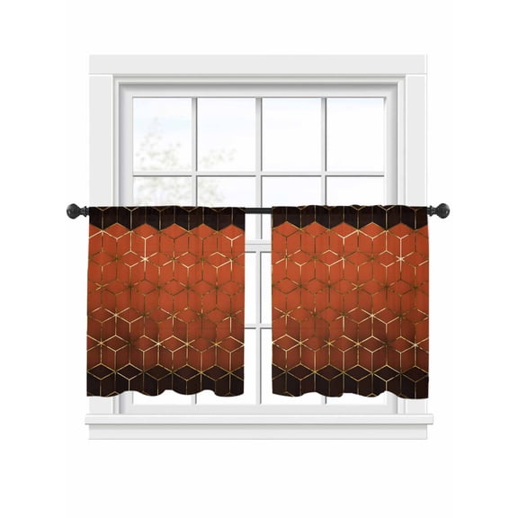 Abstract Stereo Cube Sheer Curtains 2 Panels Set Modern Gradient Orange Gold Comb Grid Cubes Sheer Window Curtains Light Filtering Rod Pocket Voile Drapes for Bedroom Living Room 52"x54"