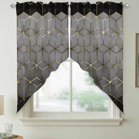 Abstract Stereo Cube Swag Kitchen Curtain Valances, Modern Gradient Black Grey Comb Grid Cubes Rod Pocket Curtains Window Treatment Decor Valances for Bedroom Bathroom, 2 Panels 36 x 36 Inch