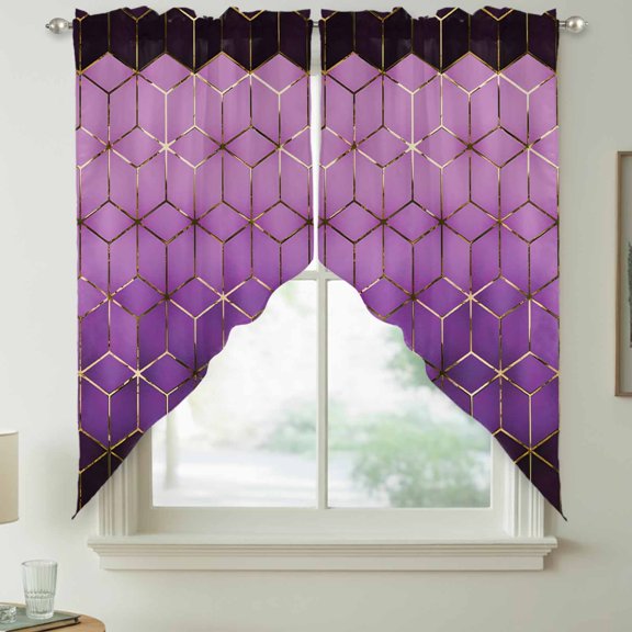 Abstract Stereo Cube Swag Kitchen Curtain Valances, Modern Gradient Black Purple Comb Grid Cubes Rod Pocket Curtains Window Treatment Decor Valances for Bedroom Bathroom, 2 Panels 36 x 36 Inch