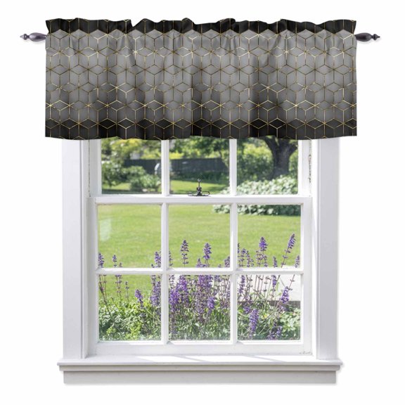 Abstract Stereo Cube Valance Curtain Modern Gradient Black Grey Comb Grid Cubes Window Valances Rod Pocket Short Curtains Window Treatments for Kitchen Bedroom Bathroom Laundry 60" x 18"