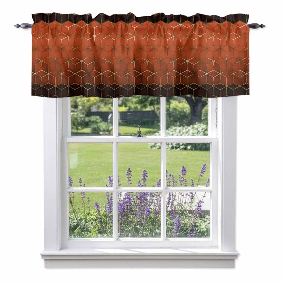 Abstract Stereo Cube Valance Curtain Modern Gradient Orange Gold Comb Grid Cubes Window Valances Rod Pocket Short Curtains Window Treatments for Kitchen Bedroom Bathroom Laundry 60" x 14"