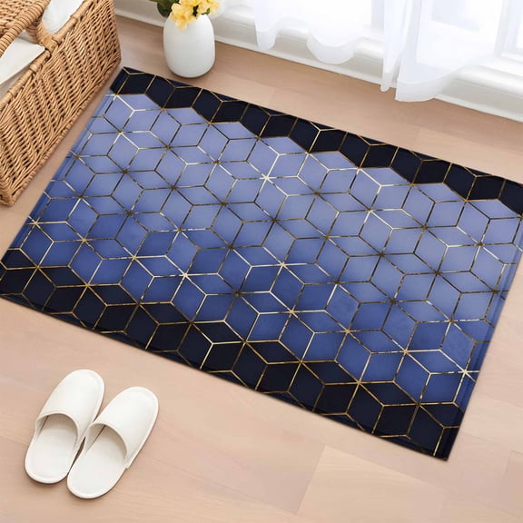 Abstract Stereo Cube Washable Small Entryway Area Rugs 2'x3', Modern Gradient Black Blue Comb Grid Cubes Low Pile Throw Rug Non-Slip Sturdy Edge Binding Carpet for Front Door Floor Room Entry