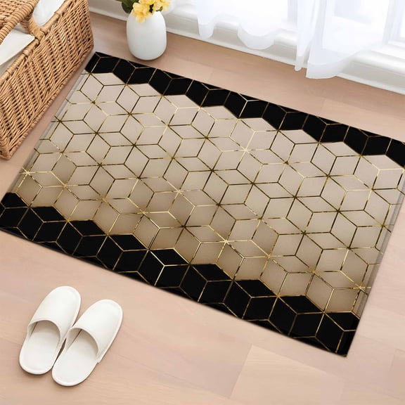 Abstract Stereo Cube Washable Small Entryway Area Rugs 2'x3', Modern Gradient Black Khaki Comb Grid Cubes Low Pile Throw Rug Non-Slip Sturdy Edge Binding Carpet for Front Door Floor Room Entry