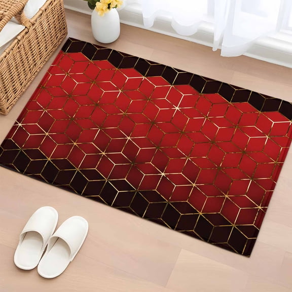Abstract Stereo Cube Washable Small Entryway Area Rugs 2'x3', Modern Gradient Black Red Comb Grid Cubes Low Pile Throw Rug Non-Slip Sturdy Edge Binding Carpet for Front Door Floor Room Entry