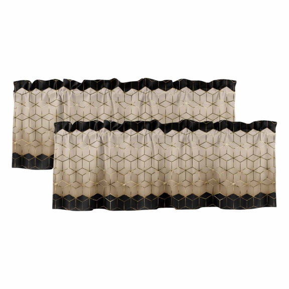 Abstract Stereo Cube Window Valance, Modern Gradient Black Khaki Comb Grid Cubes 2 Pack Decorative Curtain for Small Windows, Light Filtering Valance with 3” Rod Pocket, 42"W x 12"L