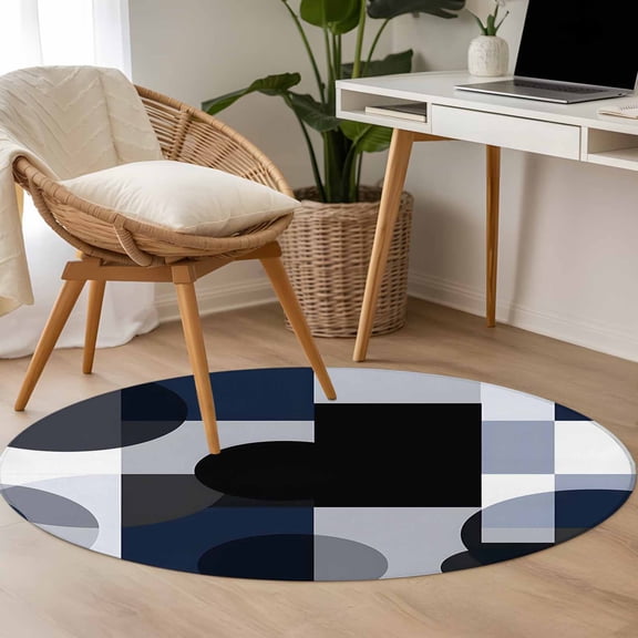 Abstract Stitching 3.3ft Round Rug for Bedroom Reading Corner, Blue Black Square Round Visual Art Washable Non Slip Circle Area Rug