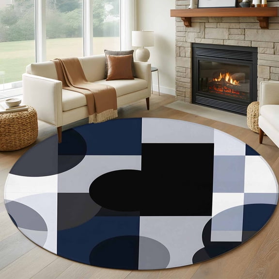 Abstract Stitching 8FT Round Area Rugs for Living Room 111 Blue Black Square Round Visual Art Ultra-Thin Non-Slip Round Rugs Machine Washable Low Pile Circle Carpet for Bedroom Kitchen Nursery