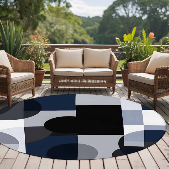 Abstract Stitching 8ft Round Rug for Open Concept Living Room Seating Zone, Blue Black Square Round Visual Art Washable Non Slip Large Circle Area Rug