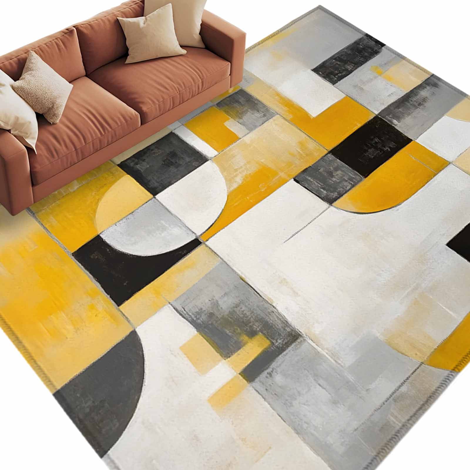 Abstract Stitching Area Rug 5x8ft Gary Black Yellow Plaid Non-Slip ...