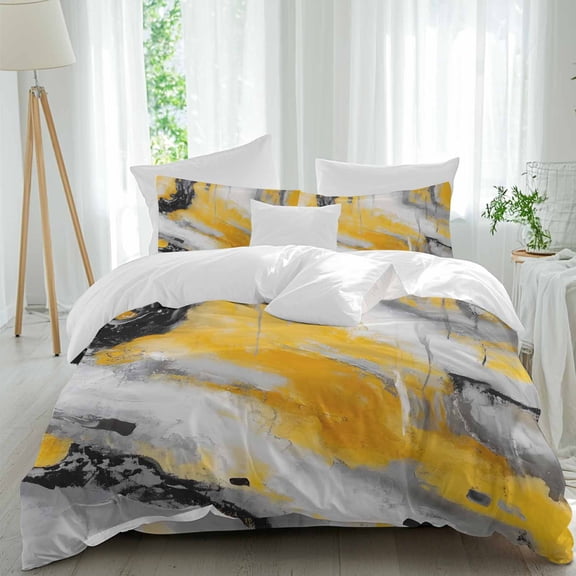Abstract Stitching Duvet Cover Set King Size, Yellow Gary Blend Flow 4 Piece Soft Microfiber Bedding Set with 1 Duvet Cover, 1 Flat Sheet, 2 Pillowcases